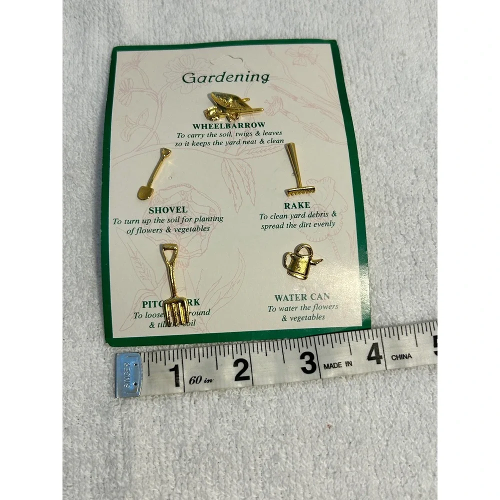 Gold Tone Gardening Tool Lapel Pin Set 5pc Wheelbarrow Shovel Rake Watering Can - Picture 4 of 4